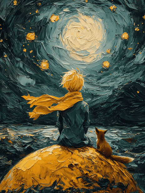 An oill painting shows the back of The Little Prince, sit on the top of a big yellow planet, wearing a long yellow scarf, green cloth, Blonde short hair, and a fox, universe, background is the star night from the painting Van Gogh, oil brush art sref