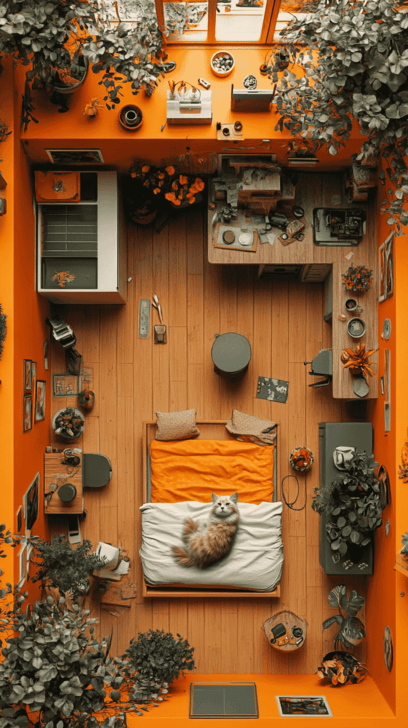 Illustration style, warm tones, an orange rectangular house top-down view, surrounding walls clearly visible, different room decorations, a small cat lying inside, ultra-high-definition image style, psychedelic atmosphere, high resolution, cute and dreamy, cross-processing, top-down room shot.