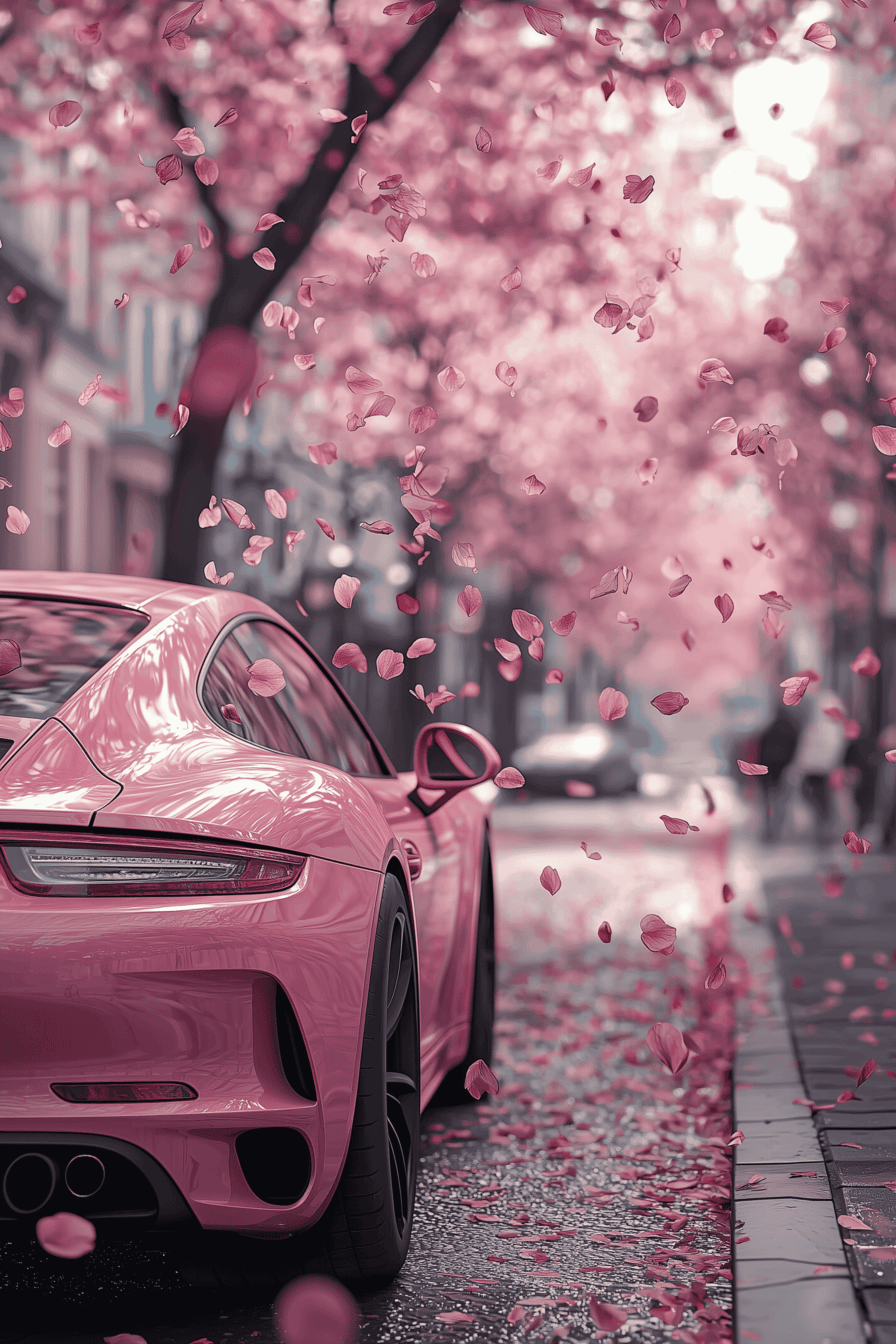 close-up, pink porshe car on a street with blooming sakura, a lot of flowers and flower leaves are falling from the tree, 4k, realistic